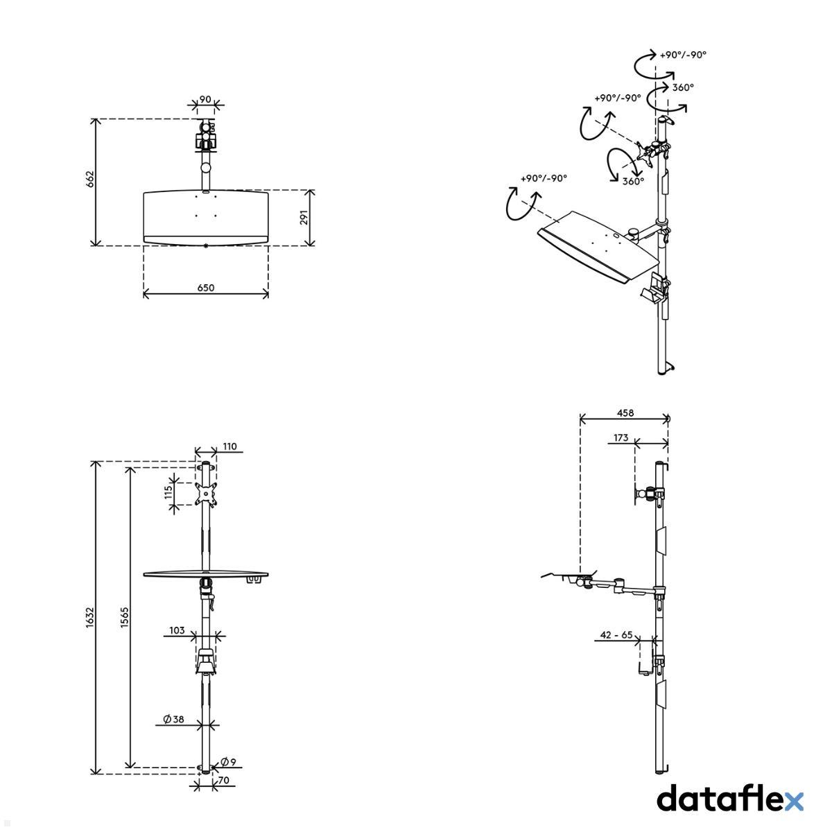 Dataflex Viewmate Dateneingabe Arbeitsplatz Monitor Wandhalterung mit Tastatur Halterung (52.732) technische Zeichnung