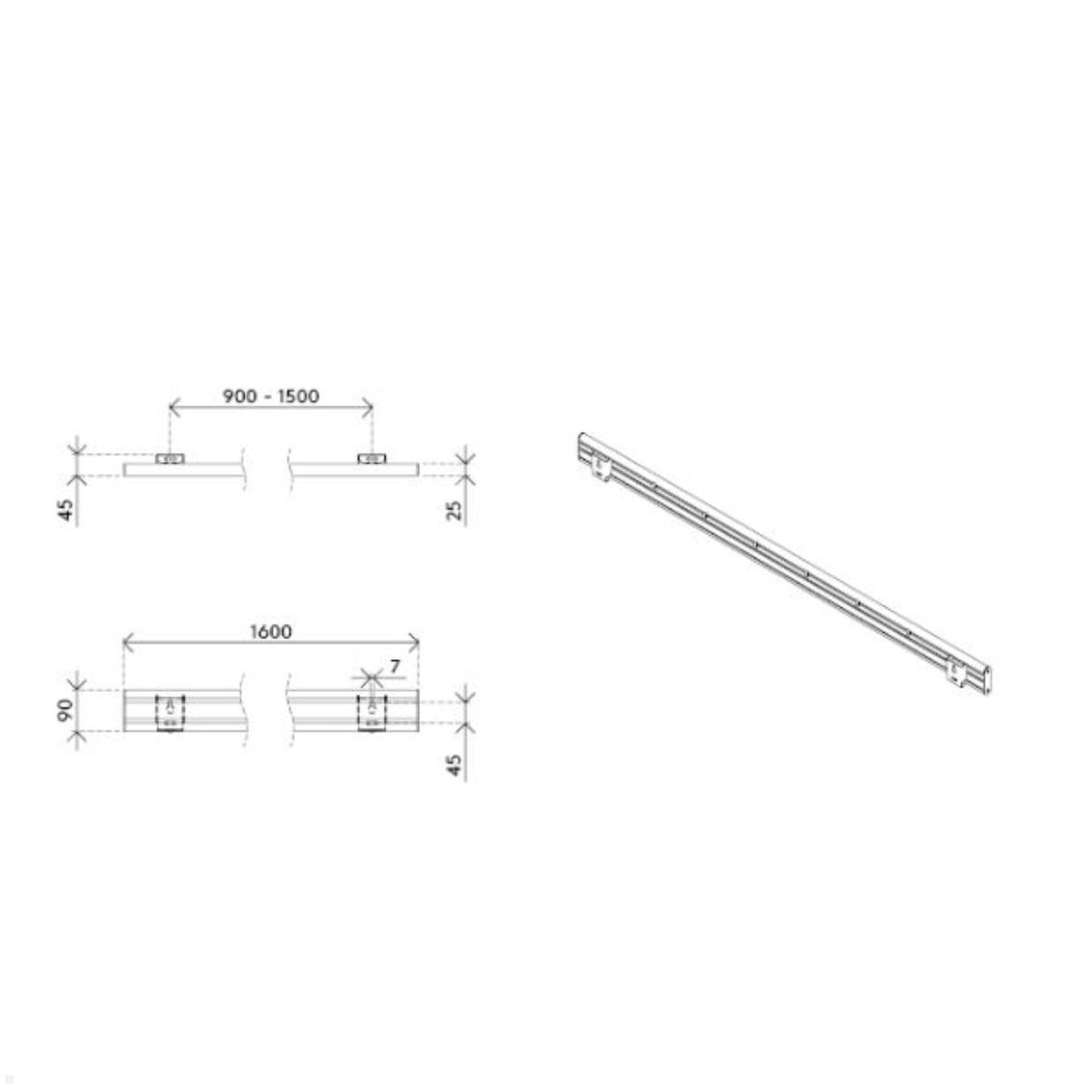 Dataflex Viewlite Schienensystem/Slatwall für die Wand 1600mm (58.716), Zeichnung Maße