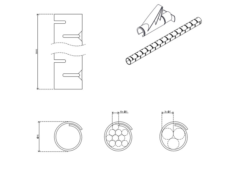 Dataflex Addit 33.733 Kabelschlucker ø15 mm/3 m mit Einzugshilfe Zeichnung