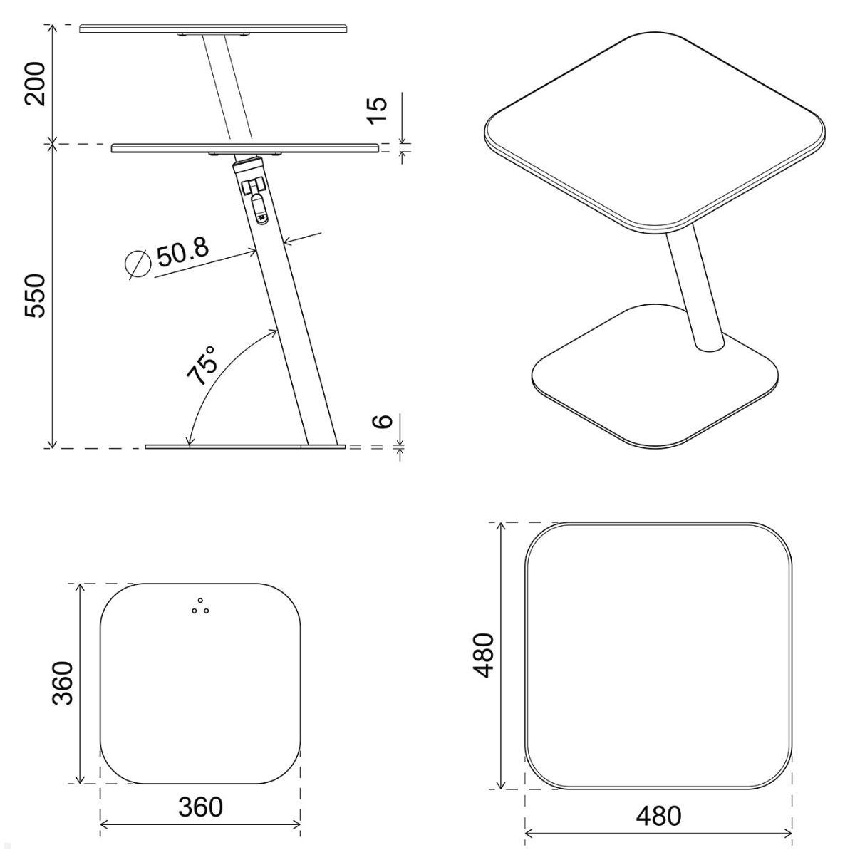 Dataflex Bento Laptoptisch 550-755mm höhenverstellbar (45.450), weiß, technische Zeichnung